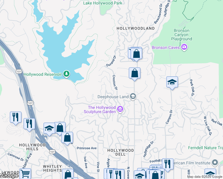 map of restaurants, bars, coffee shops, grocery stores, and more near Hargrave Drive in Los Angeles