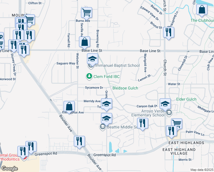 map of restaurants, bars, coffee shops, grocery stores, and more near 28490 Sycamore Drive in Highland