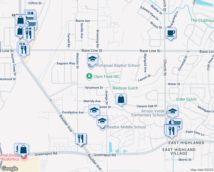 map of restaurants, bars, coffee shops, grocery stores, and more near 28490 Sycamore Drive in Highland