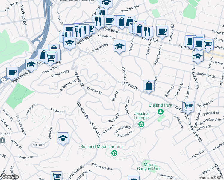 map of restaurants, bars, coffee shops, grocery stores, and more near 4261 Division Street in Los Angeles