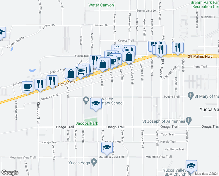 map of restaurants, bars, coffee shops, grocery stores, and more near 7454 Elk Trail in Yucca Valley