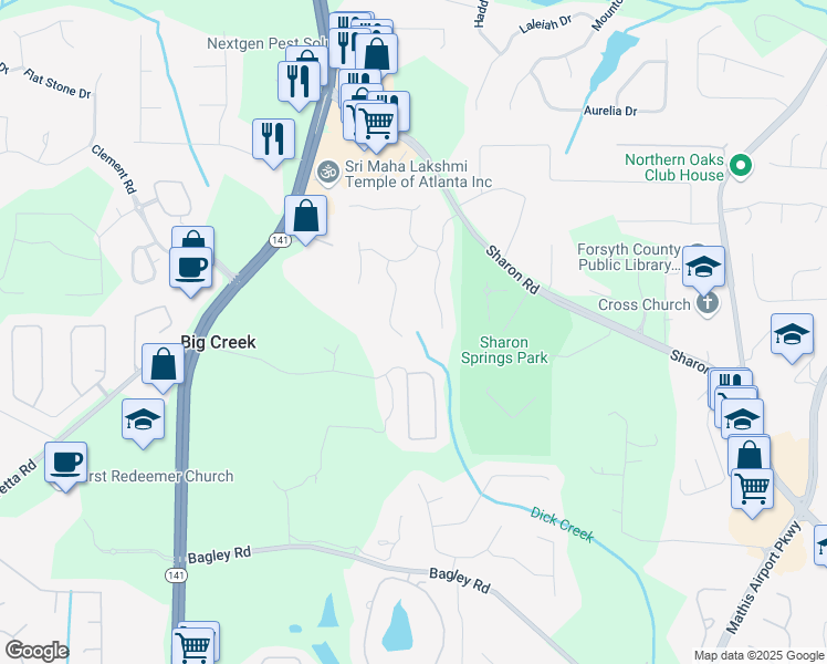 map of restaurants, bars, coffee shops, grocery stores, and more near 2185 Arbor Chase in Cumming