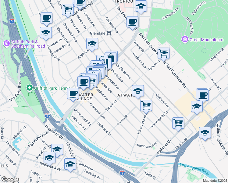 map of restaurants, bars, coffee shops, grocery stores, and more near 3433 Larga Avenue in Los Angeles