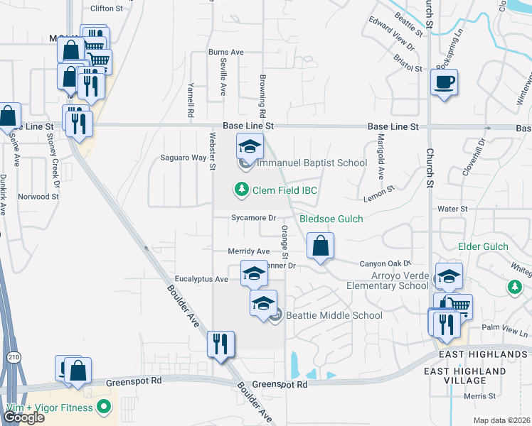 map of restaurants, bars, coffee shops, grocery stores, and more near 28474 Sycamore Drive in Highland