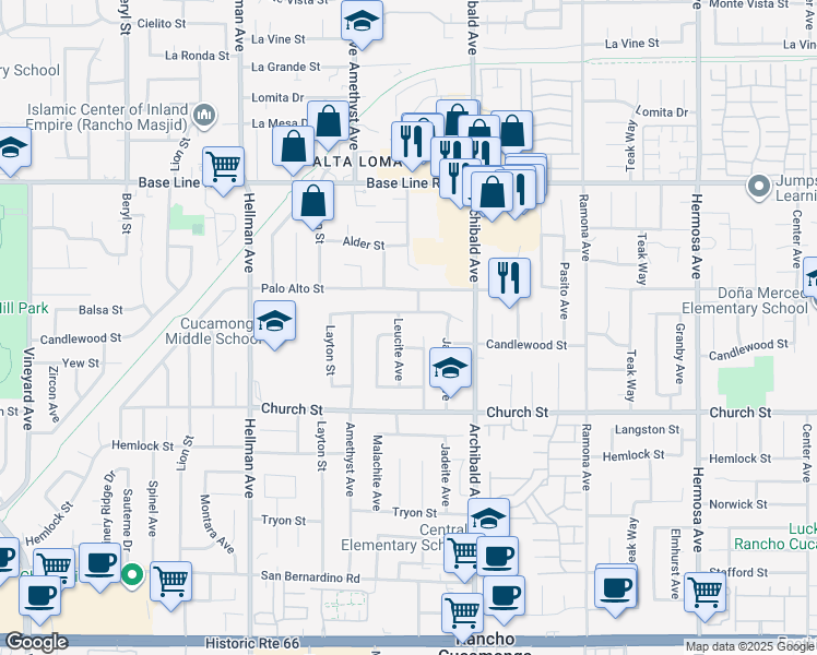 map of restaurants, bars, coffee shops, grocery stores, and more near 9608 Balsa Street in Rancho Cucamonga