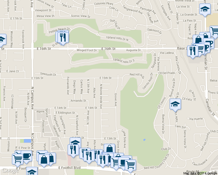 map of restaurants, bars, coffee shops, grocery stores, and more near 1447 Juanita Court in Upland