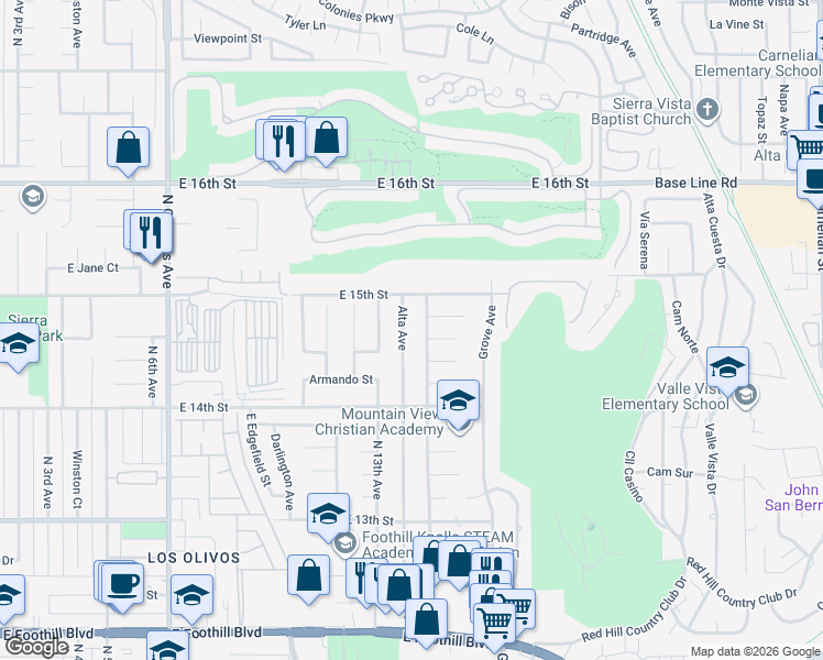 map of restaurants, bars, coffee shops, grocery stores, and more near 1405 Juanita Court in Upland