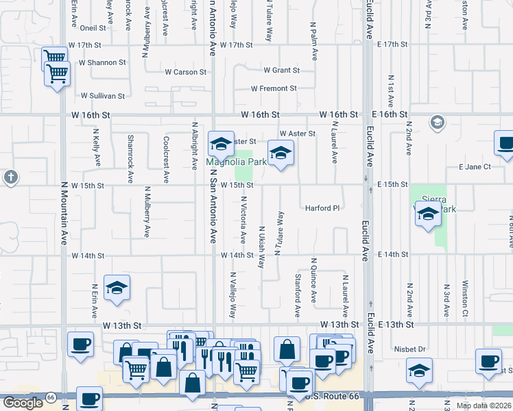 map of restaurants, bars, coffee shops, grocery stores, and more near 1490 North Victoria Avenue in Upland