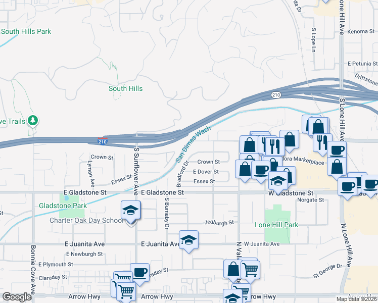 map of restaurants, bars, coffee shops, grocery stores, and more near 1114 East Allen Avenue in Glendora