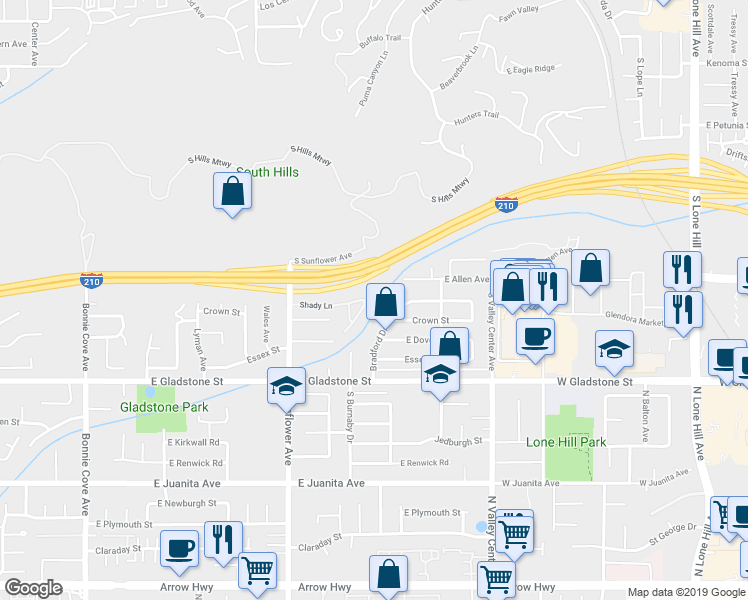 map of restaurants, bars, coffee shops, grocery stores, and more near 939 Shady Lane in Glendora