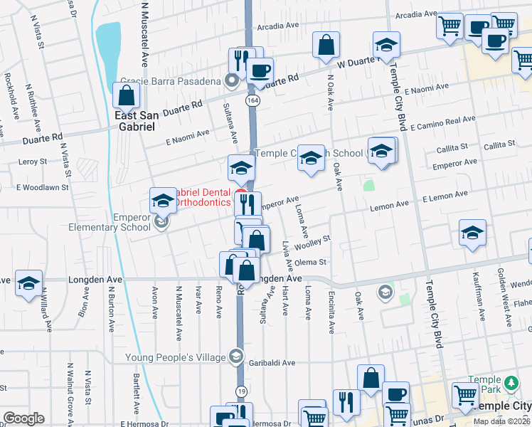 map of restaurants, bars, coffee shops, grocery stores, and more near 9021 Emperor Avenue in San Gabriel