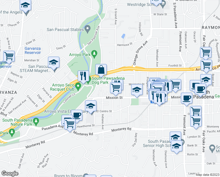 map of restaurants, bars, coffee shops, grocery stores, and more near 660 Forest Avenue in South Pasadena
