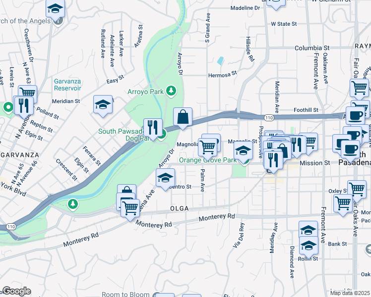 map of restaurants, bars, coffee shops, grocery stores, and more near 660 Arroyo Drive in South Pasadena