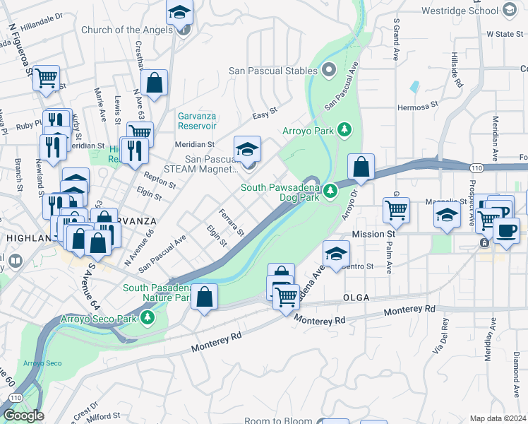 map of restaurants, bars, coffee shops, grocery stores, and more near 726 Chestnut Avenue in Los Angeles