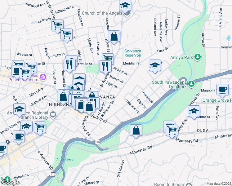 map of restaurants, bars, coffee shops, grocery stores, and more near 6519 Elgin Street in Los Angeles
