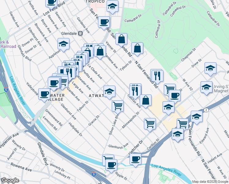 map of restaurants, bars, coffee shops, grocery stores, and more near 3346 Casitas Avenue in Los Angeles
