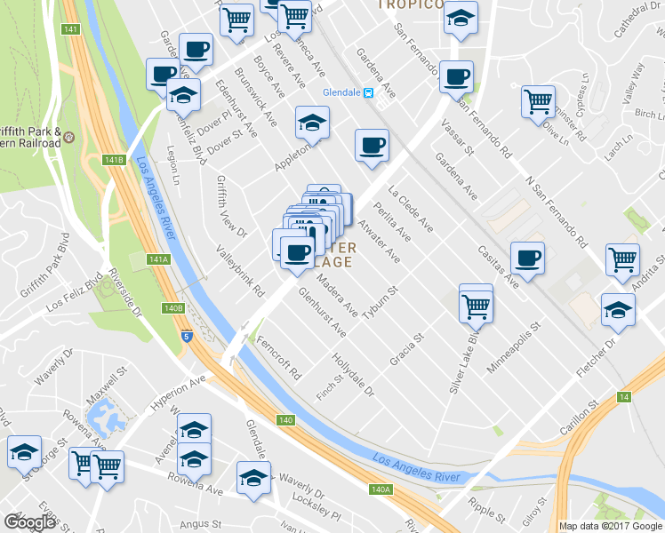 map of restaurants, bars, coffee shops, grocery stores, and more near 3177 Glendale Boulevard in Los Angeles