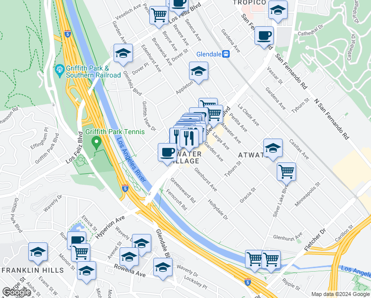 map of restaurants, bars, coffee shops, grocery stores, and more near 3127 Glenmanor Place in Los Angeles