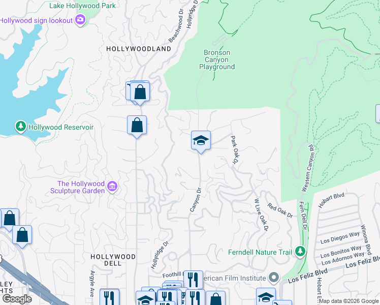 map of restaurants, bars, coffee shops, grocery stores, and more near 5862 Spring Oak Drive in Los Angeles