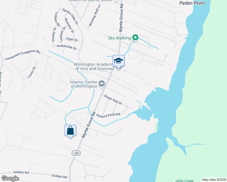 map of restaurants, bars, coffee shops, grocery stores, and more near 6305 Myrtle Grove Road in Wilmington