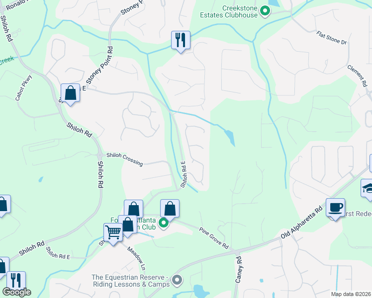 map of restaurants, bars, coffee shops, grocery stores, and more near 6645 Ridgefield Drive in Alpharetta