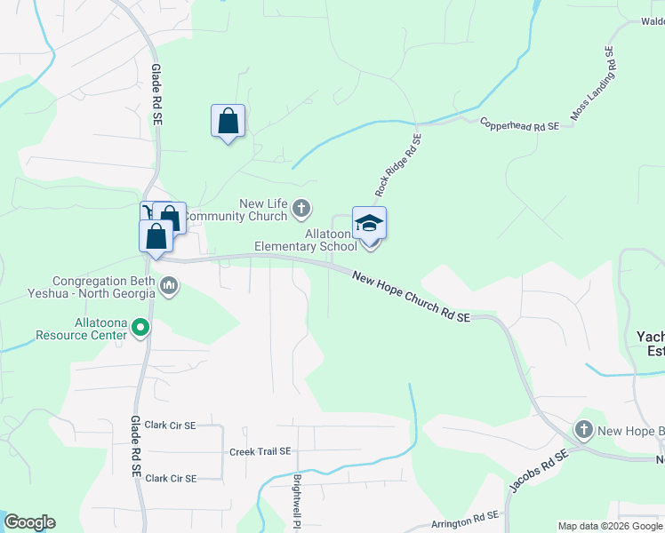 map of restaurants, bars, coffee shops, grocery stores, and more near 4210 New Hope Church Road Southeast in Acworth