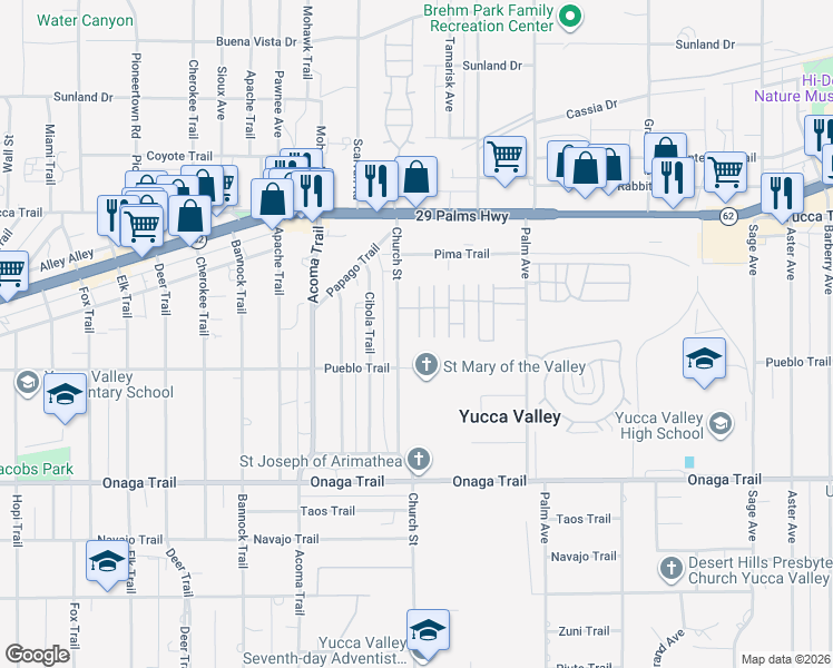 map of restaurants, bars, coffee shops, grocery stores, and more near 7425 Church Street in Yucca Valley