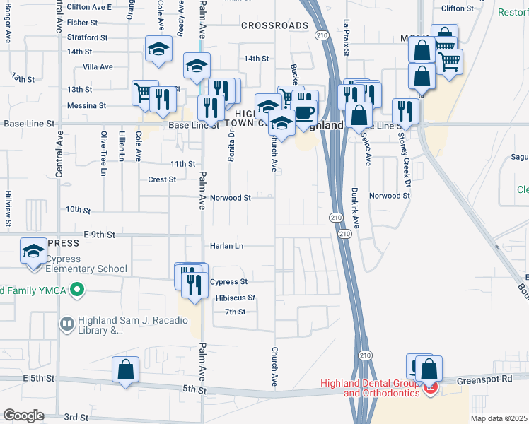 map of restaurants, bars, coffee shops, grocery stores, and more near Springmeadow Court in Highland