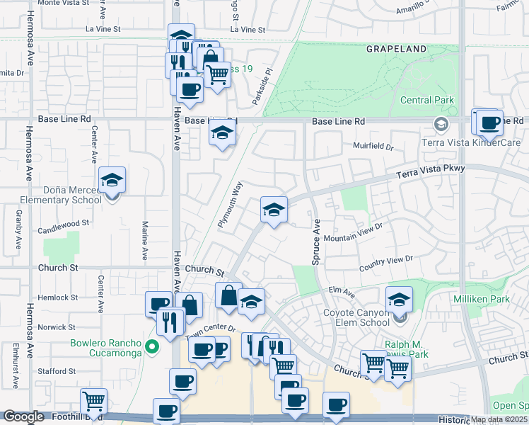 map of restaurants, bars, coffee shops, grocery stores, and more near 10770 Essex Place in Rancho Cucamonga