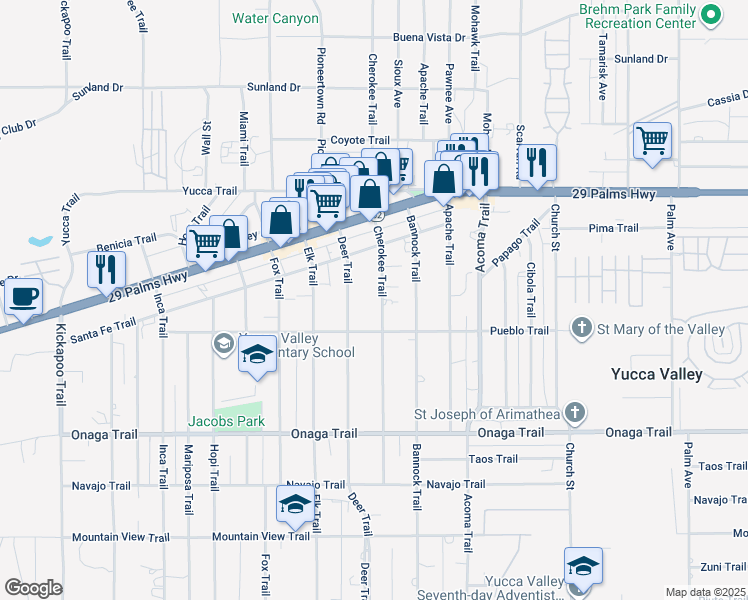 map of restaurants, bars, coffee shops, grocery stores, and more near 7444 Cherokee Trail in Yucca Valley
