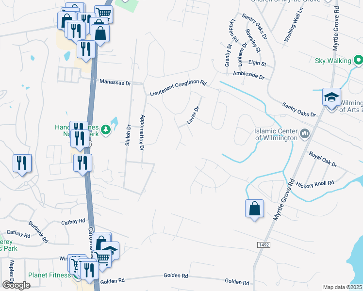 map of restaurants, bars, coffee shops, grocery stores, and more near 843 Ovates Lane in Wilmington