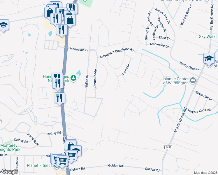 map of restaurants, bars, coffee shops, grocery stores, and more near 6113 Shiloh Drive in Wilmington