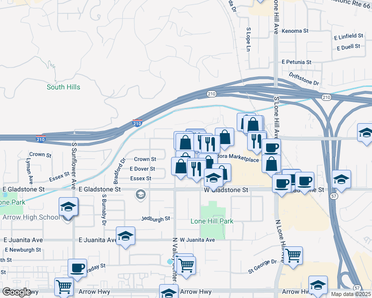 map of restaurants, bars, coffee shops, grocery stores, and more near 1337 East Gladstone Street in Glendora