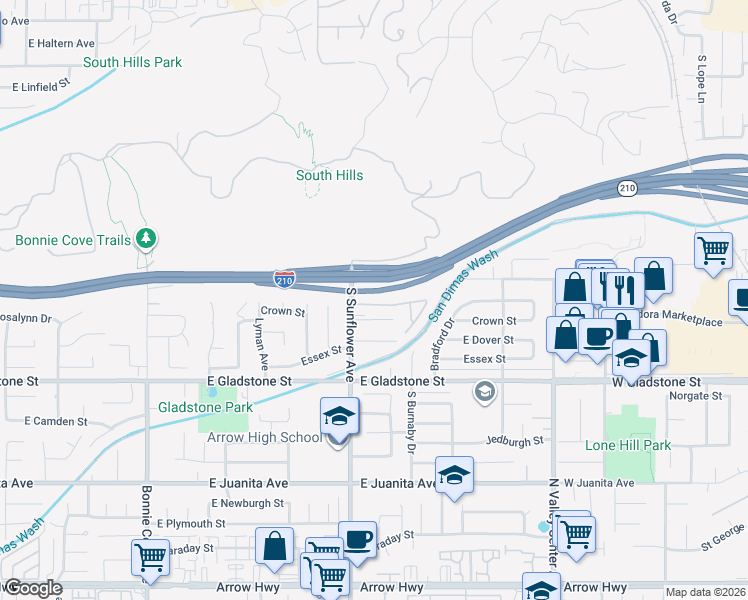map of restaurants, bars, coffee shops, grocery stores, and more near 909 Shady Lane in Glendora