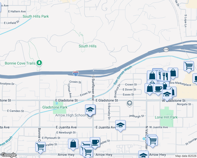 map of restaurants, bars, coffee shops, grocery stores, and more near 907 Shady Lane in Glendora