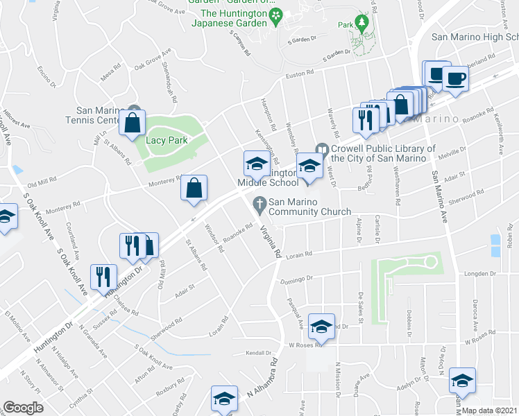 map of restaurants, bars, coffee shops, grocery stores, and more near 1750 Virginia Road in San Marino