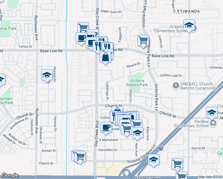 map of restaurants, bars, coffee shops, grocery stores, and more near 7530 Los Olivos Place in Rancho Cucamonga