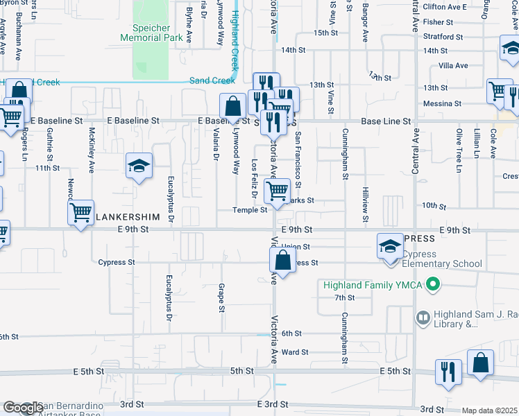 map of restaurants, bars, coffee shops, grocery stores, and more near 26464 Temple Street in Highland