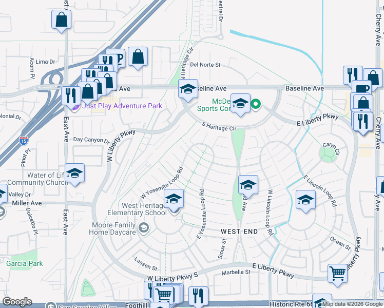 map of restaurants, bars, coffee shops, grocery stores, and more near 13510 Dana Court in Fontana