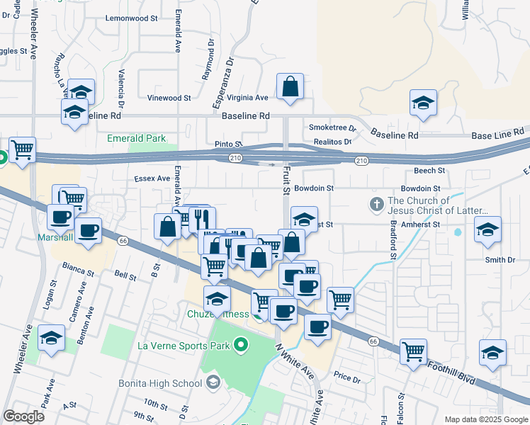 map of restaurants, bars, coffee shops, grocery stores, and more near 4095 Fruit Street in La Verne