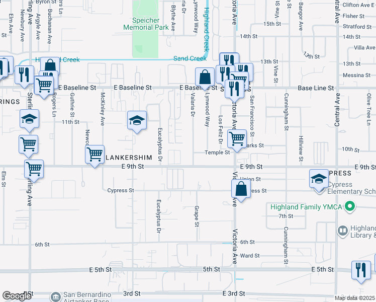 map of restaurants, bars, coffee shops, grocery stores, and more near 7544 Valaria Drive in Highland