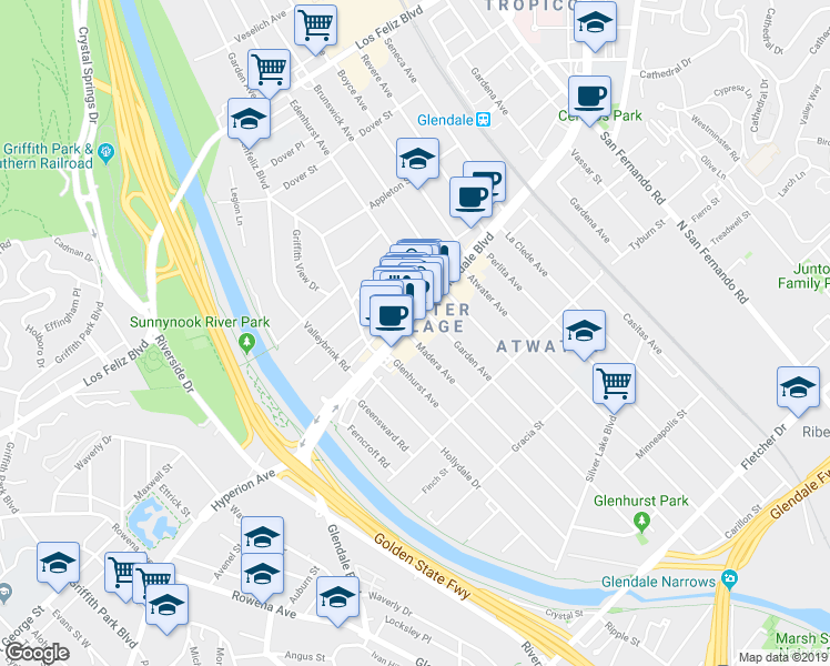 map of restaurants, bars, coffee shops, grocery stores, and more near 3150 Glendale Boulevard in Los Angeles