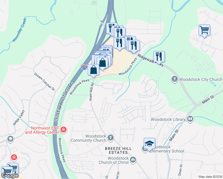 map of restaurants, bars, coffee shops, grocery stores, and more near 210 Winthrope Drive in Woodstock