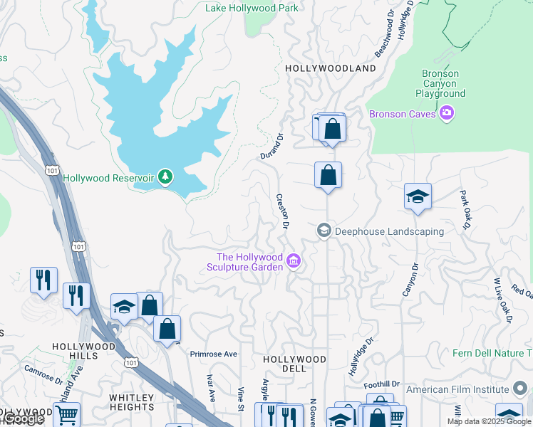 map of restaurants, bars, coffee shops, grocery stores, and more near 6327 Gilday Drive in Los Angeles