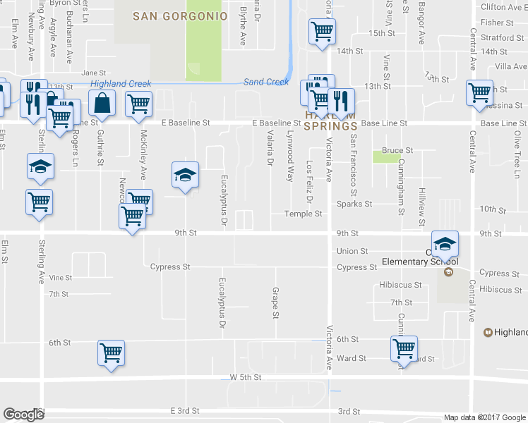 map of restaurants, bars, coffee shops, grocery stores, and more near 7544 Valaria Drive in Highland