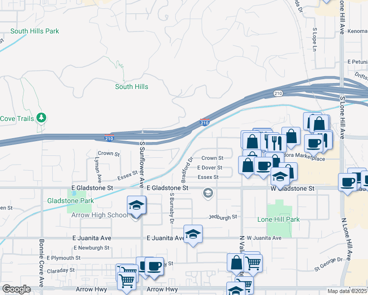 map of restaurants, bars, coffee shops, grocery stores, and more near 943 Shady Lane in Glendora