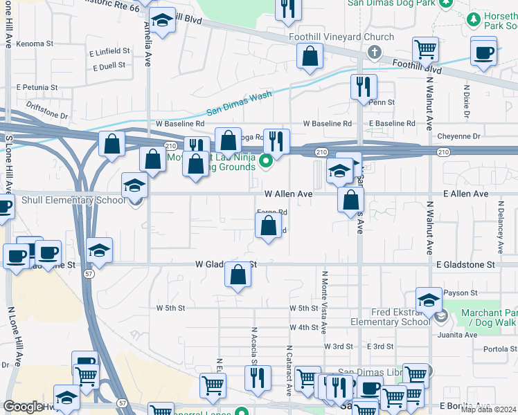 map of restaurants, bars, coffee shops, grocery stores, and more near 343 Fargo Road in San Dimas