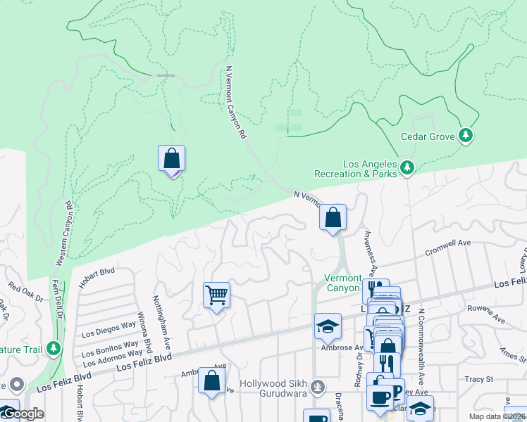 map of restaurants, bars, coffee shops, grocery stores, and more near 2704 Glendower Avenue in Los Angeles