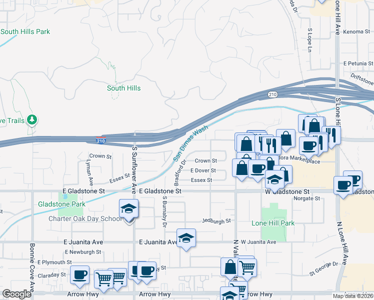 map of restaurants, bars, coffee shops, grocery stores, and more near 1114 East Allen Avenue in Glendora