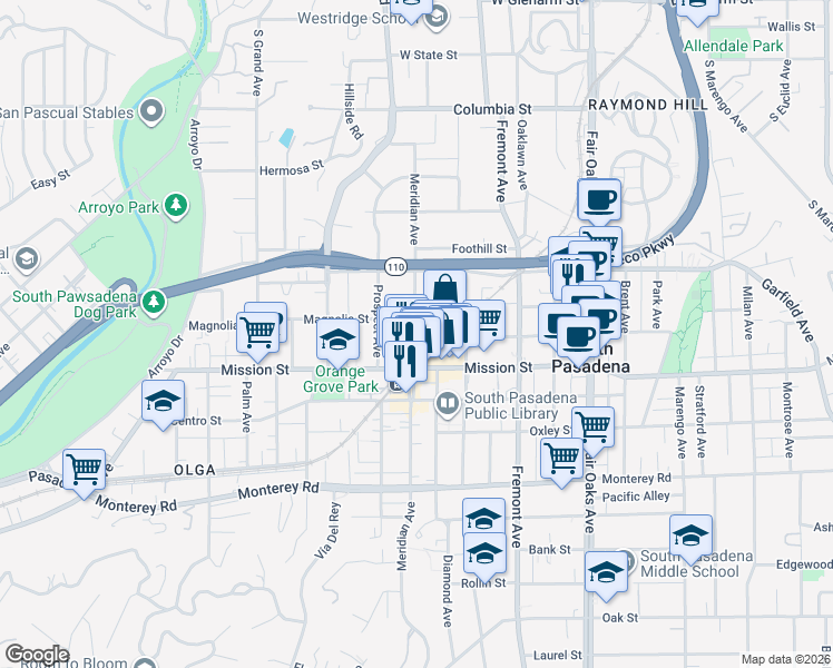 map of restaurants, bars, coffee shops, grocery stores, and more near 1002 Hope Street in South Pasadena